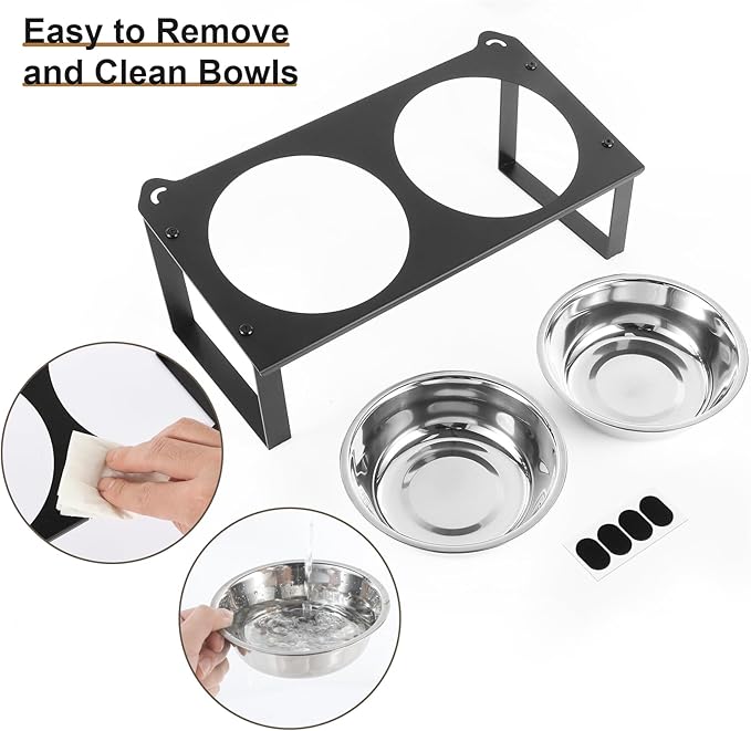 3 Set Elevated Cat Food Water Bowls, 6 Stainless Steel Bowls for Indoor Pet with Cute Metal Stand, 10° Tilted Anti-Vomiting Raised Wide Shallow Cat Dishes Whisker Friendly for Multiple Kitten,Puppy