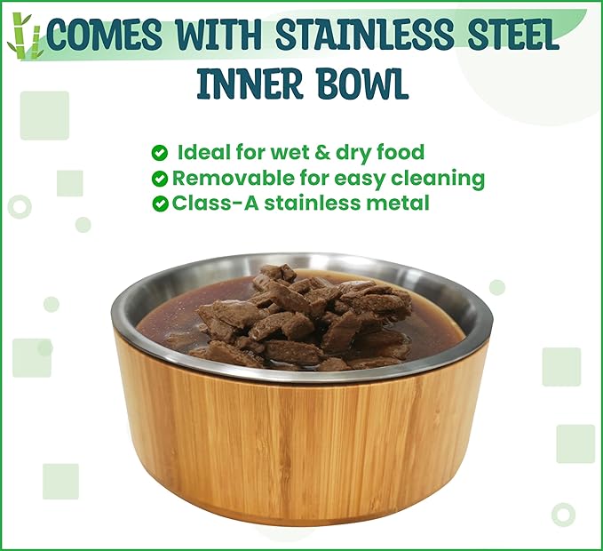 Dog Bowls Elevated, 12-inch High, 5-Cup Cap - Set of Bamboo Holder, Stainless Inner Dish and Stand - Ideal for Medium to Large Breeds - All-Detachable Parts
