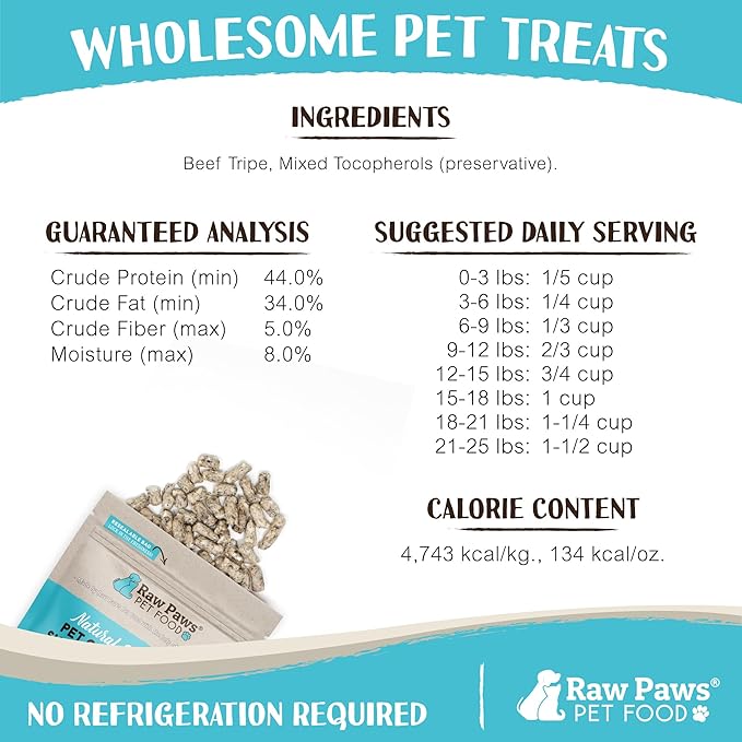Raw Paws Freeze-Dried Green Beef Tripe for Dogs & Cats, 8-oz - Made in USA - Raw Freeze Dried Dog & Cat Treats - Free-Range Cows - Grain & Wheat Free