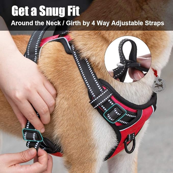 PoyPet No Pull Dog Harness, Reflective Comfortable Vest Harness with Front & Back 2 Leash Attachments and Easy Control Handle Adjustable Soft Padded Pet Vest for Small to Large Dogs (Red,XL)