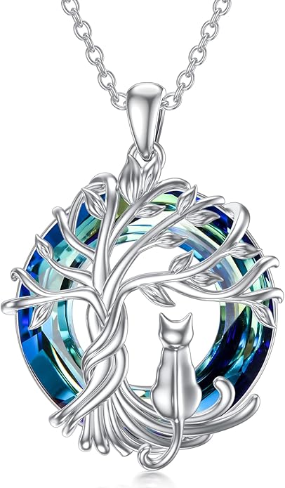 TOUPOP Cat Gifts for Cat Lovers Sterling Silver Cute Cat Tree of Life Pendant Necklace with Blue Circle Crystal Birthday Christmas Jewelry Gifts for Women