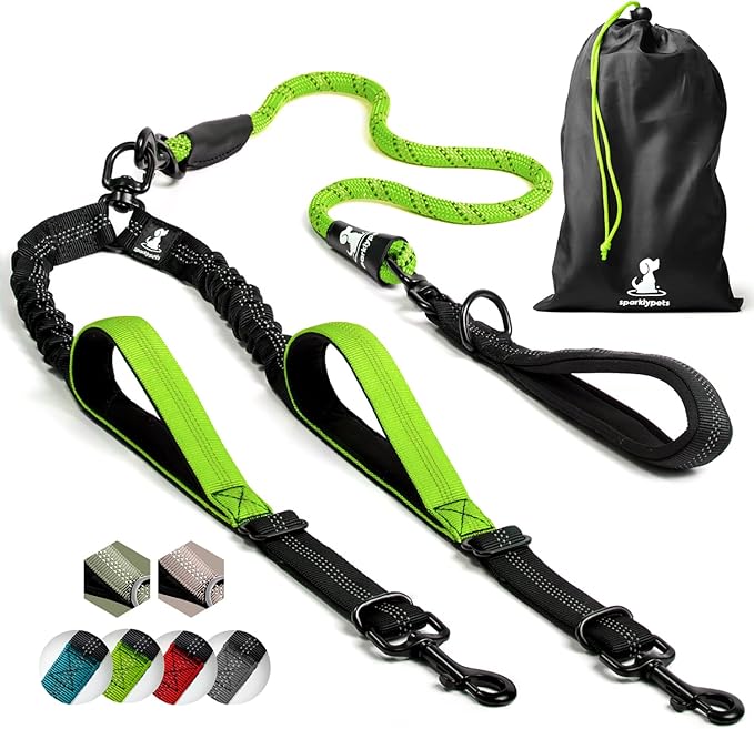SparklyPets Double Dog Leash for 2 Dogs – Rope Bungee Dual Leash for Medium and Large Breeds with Padded Handles & Tangle Free (Green, Medium/Large)