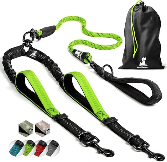 SparklyPets Double Dog Leash for 2 Dogs – Rope Bungee Dual Leash for Medium and Large Breeds with Padded Handles & Tangle Free (Green, Medium/Large)
