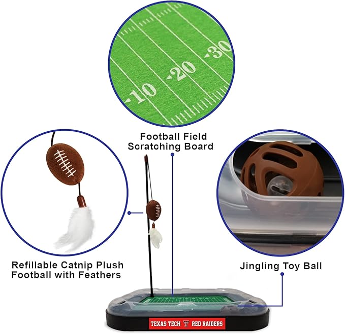Pets First Cat Scratcher Toy + Interactive Ball Bell in Tracks - 5-in-1 Toy: Wand Poll + Catnip Filled Plush Football & Feathers