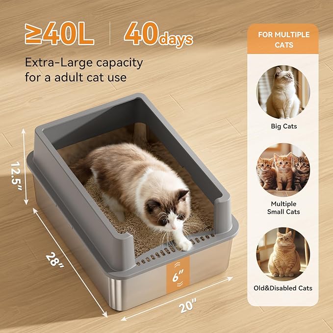 Extra Large Stainless Steel Cat Litter Box with Lid – Large Capacity for Big & Multiple Cats, Anti-Leakage, Non-Stick Surface for Easy Cleaning, Odor-Resistant, Include Scoop