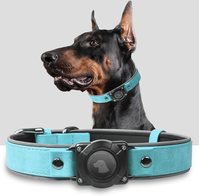 AirTag Dog Collar - Leather Dog Collar with Air Tag Holder | IPX8 Waterproof, Reflective, High - End, Adjustable Soft Padded | Dog GPS Tracker Collars Fit for Medium Large Dogs (Light Blue, M)