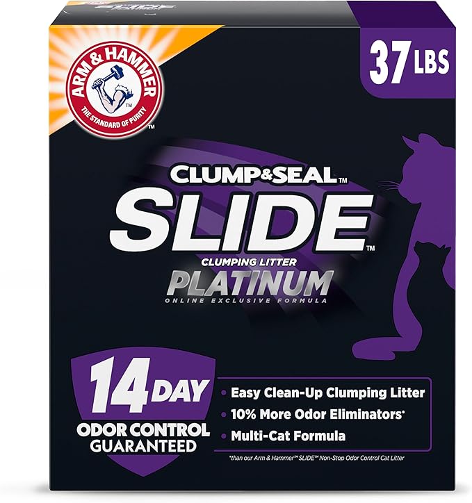 ARM & HAMMER Clump & Seal SLIDE Platinum Multi-Cat Clumping Cat Litter, 14-Day Odor Control, EZ Clean Technology, 37 lbs – No Scrubbing, Powerful Odor Eliminator