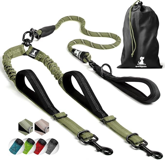 SparklyPets Double Dog Leash for 2 Dogs – Rope Bungee Dual Leash for Medium and Large Breeds with Padded Handles & Tangle Free (Green Range, Medium/Large)