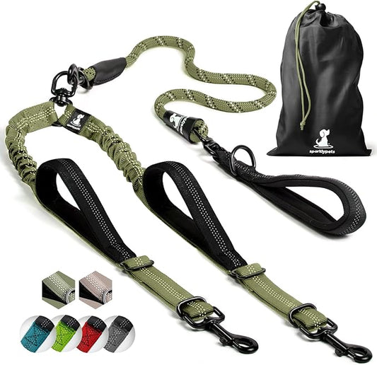 SparklyPets Double Dog Leash for 2 Dogs – Rope Bungee Dual Leash for Medium and Large Breeds with Padded Handles & Tangle Free (Green Range, Medium/Large)