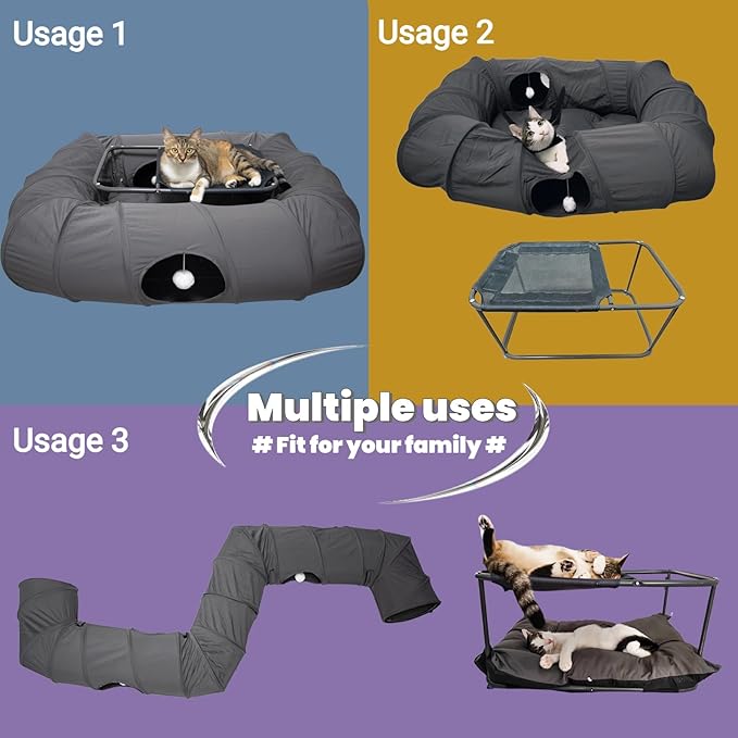 XxingSheep 2-Tier Cat Tunnel & Hammock Bed XXL, 4 Cave Shuttle with Elevated for Multiple Cats Toy Dark Grey
