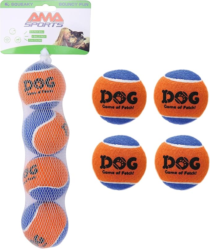 AMA SPORT Squeaky Tennis Balls for Dogs 2.5" Small Medium Dog Tennis Balls for Throwing and Fetching Dog Toys for Training, Exercise, High Bouncing 4 Pack (Orange Blue)
