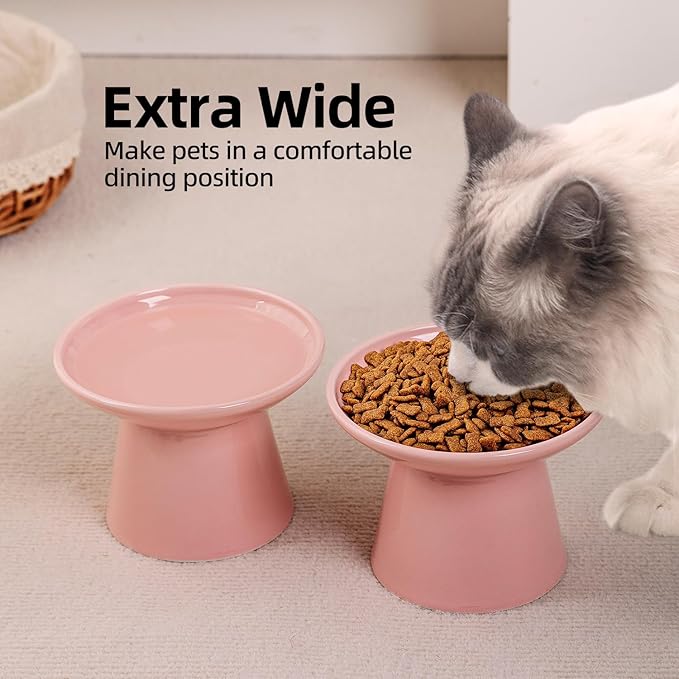 6.2 Inch Extra Wide Elevated Ceramic Cat Bowls, Food and Water Bowl Set for Elder Big Cats Small Dogs, Raised Design for Pet Easy Eating, Protect Cat's Spine Set of 4(Pink)