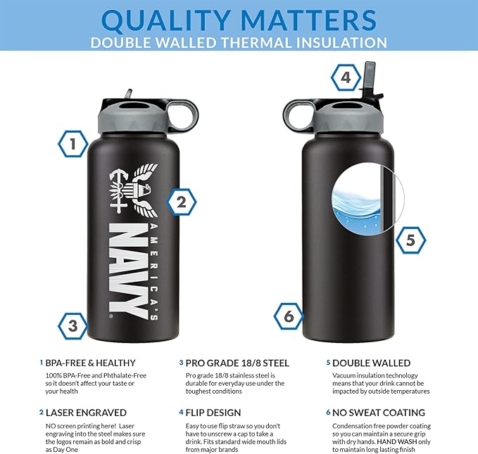 32oz Navy Stainless Steel Water Bottle with Engraved Navy Logo - US Navy Pride on the Go - Navy Gifts | Disabled USMC Vet Owned SMALL Business
