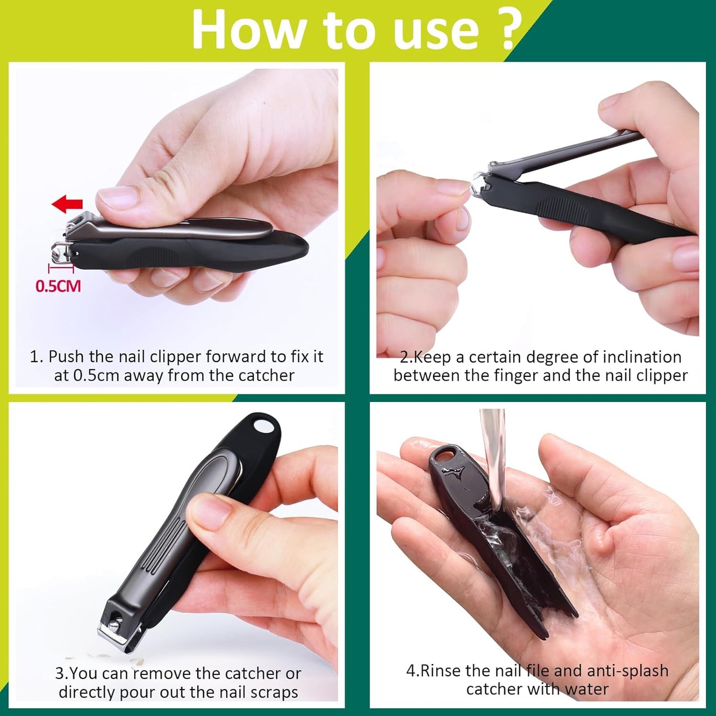 GLAMFIELDS Nail Clippers with No Splash Storage Box, Large Fingernail Toenail Clipper Detachable Easy Clean Nail Cutter Trimmer with Nail Files for Men & Women, Leather Case Packed(Black -1Pack)