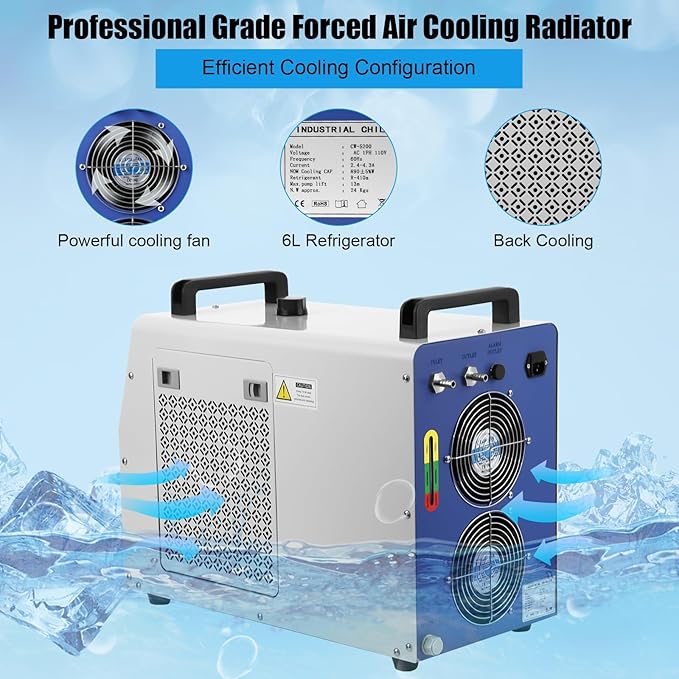 6L Dual Industrial Water Chiller 0.9hp 2.6gpm Water Cooling System CW-5200 Water Cooler w 2 Inlets & Outlets to Chill Two 60W 70W 80W 90W 100W 120W 150W CO2 Laser Engraving Machines
