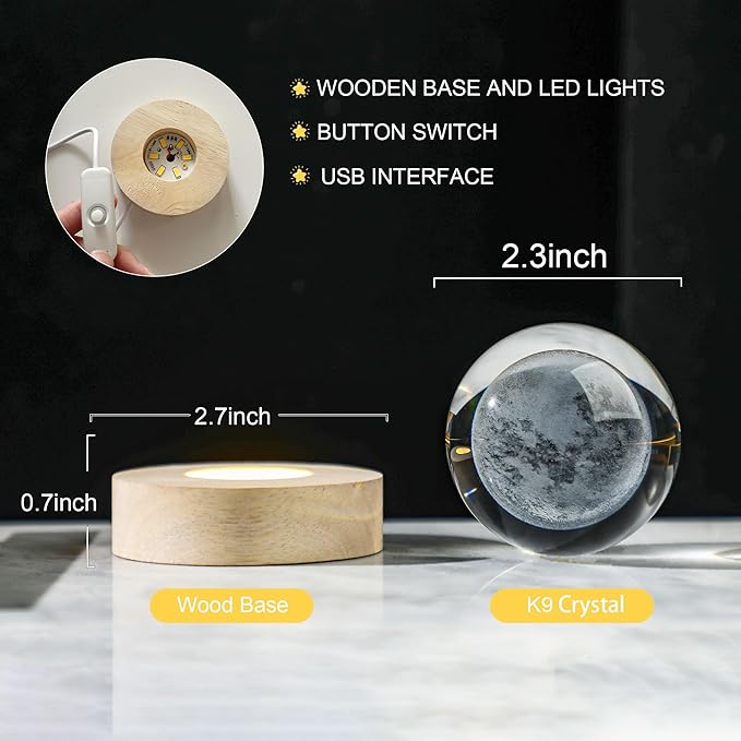 YU FENG 3D Carved Moon Crystal Ball with with Warm White Light Base for a Warm and Mysterious Ambiance 2.36 Inches