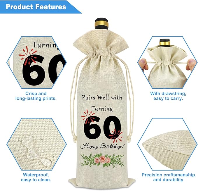 60th Birthday Gift for Women Men Happy 60th Birthday Decorations Wine Bag 60 Years Old Birthday Gift Ideas for Friends Dad Mom Husband Wife Pairs Well with Turning 60 Sixty Birthday Wine Bottle Bag
