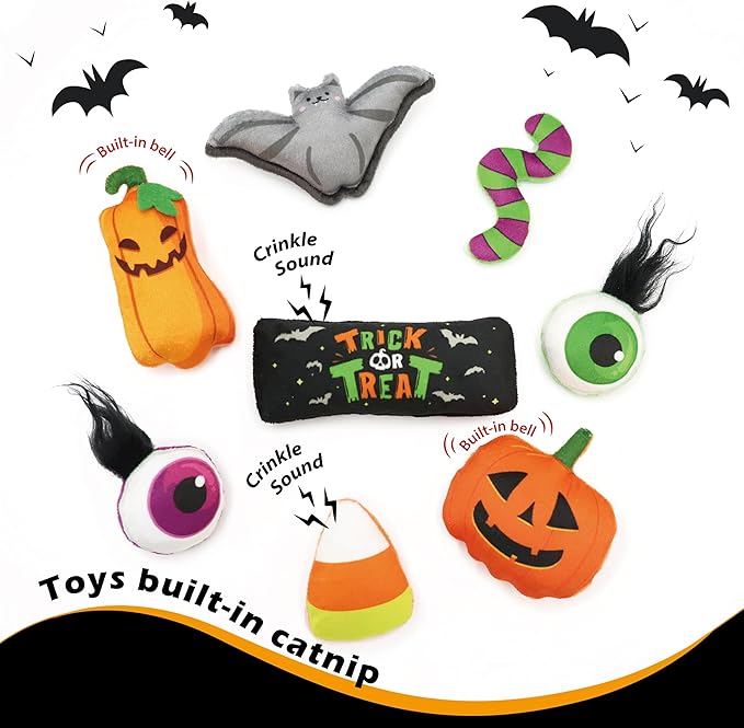 8 Assortments Halloween Value Pack, Natural Interactive Catnip Cat Toys, Toy with Crinkle and Feather, Accessories for Indoor Cat, Kitten Toys