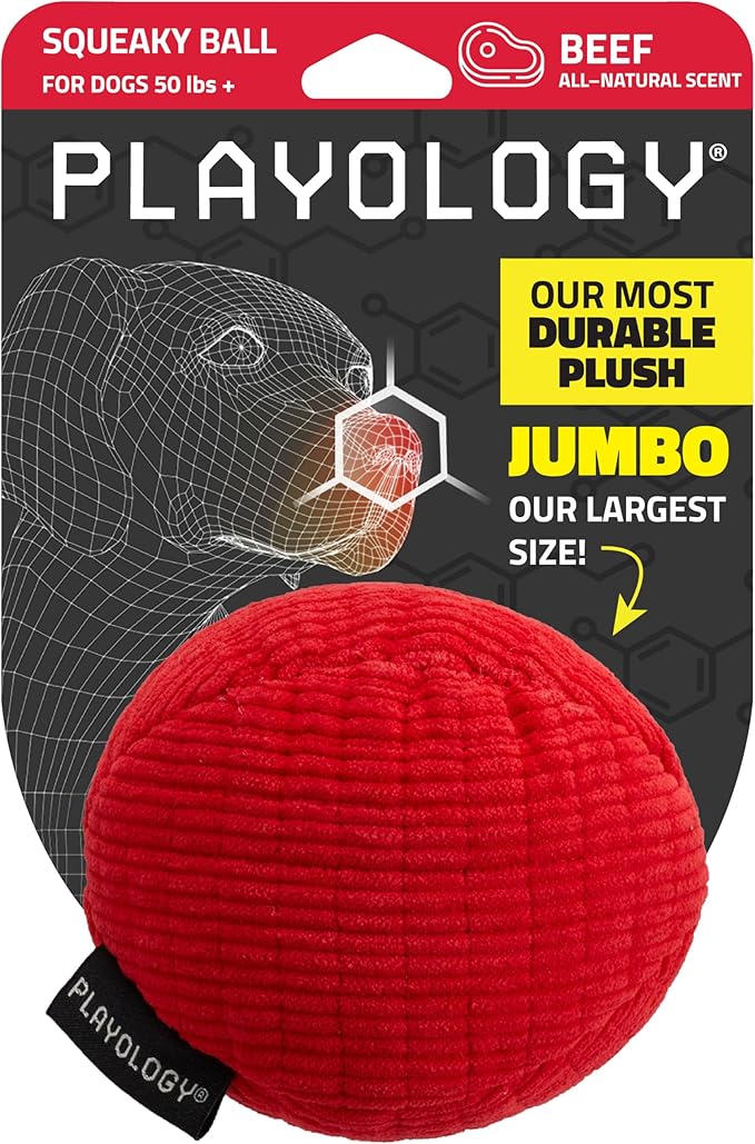 Playology Dog Toys | Squeaky Plush Toy Ball for Dogs | Jumbo Beef Scented Toy - Easy to Clean and Made from Non Toxic Materials