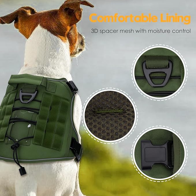 Heavy-Duty Tactical Dog Harness for Large Dogs, No Pull Adjustable Reflective Pet Vest with Molle System, K9 Military-Grade Control for Service Training, Outdoor & 10+ Breeds, Green, X-Large