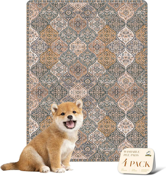 nunubaby 4PACK Washable Pee Pads for Dogs, Stylish, Non-Slip and Leak-Proof Pee Pads. Reusable Potty Pads for Dogs for Crates and Floors.(Brown/Multi, 18" x24")