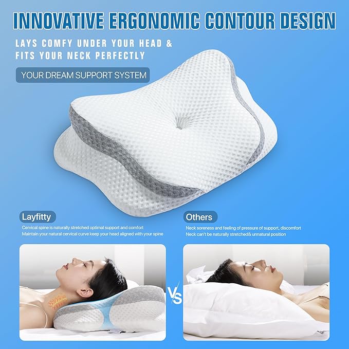 5-Zone Cervical Neck Pillow for Pain Relief, Adjustable Height Contour Memory Foam Pillow for Side Sleepers and Back Sleepers, Ergonomic Orthopedic Bed Pillow for Women, Girls