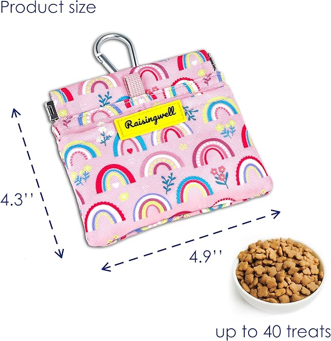 Dog Treat Pouch,Cotton Pocket Sized Training Holder, Hand Free Walking Funny Bag with Carabiner, Self-Closing Pet Feed Snack Reward, Behavior Aids for Puppy Travel or Outdoor Use （Rainbow）