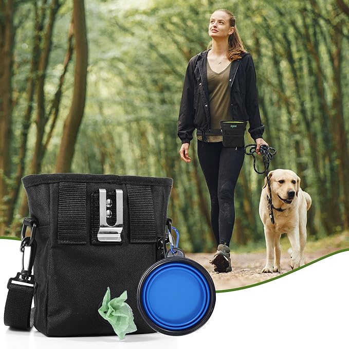 Dog Treat Pouch with Collapsible Dog Bowl, Training Clicker and Poop Bags, Treat Pouches for Pet Training, Built-in Poop Bag Dispenser, Waist Belt Clip, Puppy Treat Pouch Magnetic Closure - Black