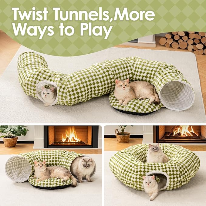 MEWOOFUN Cat Tunnels for Indoor Cats, Cute Tunnel Bed, Donut Tunnel with Washable Cushion, Round Peekaboo Cave for Play & Rest, Cat Toy for Kittens, Puppies & Rabbits, Green