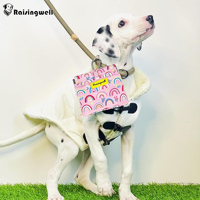 Dog Treat Pouch,Cotton Pocket Sized Training Holder, Hand Free Walking Funny Bag with Carabiner, Self-Closing Pet Feed Snack Reward, Behavior Aids for Puppy Travel or Outdoor Use （Rainbow）