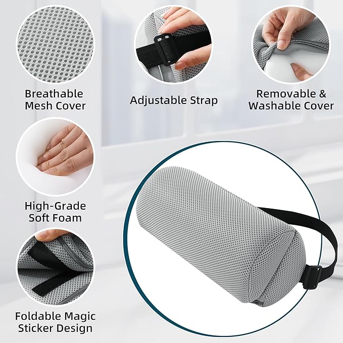 MABOZOO Foldable Lumbar Roll Pillow, Mesh 2 Semi-Circular Back Support Cushion with Adjustable Strap, Portable Cervical Cushion Support Pillow Leg Pillow for Head, Neck Back and Legs(Gray)