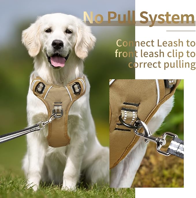 HEELE Dog Harness, Dog Harness for Small Medium Large Dogs No Pull Adjustable Padded Reflective Harness with Handle for Walking Training, Brown, XL