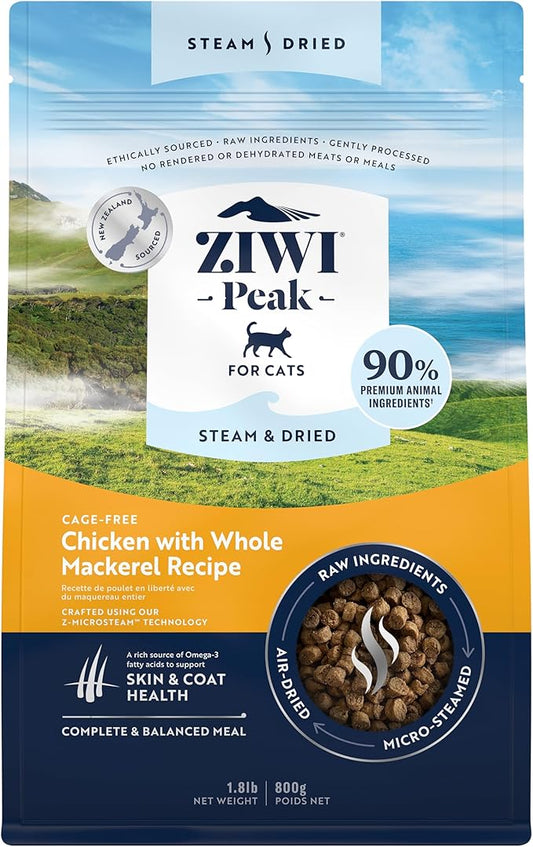 ZIWI Peak Steam & Dried Cat Food – Cage-Free Chicken w/Whole Mackerel - High Protein, Skin & Coat Health, Low Carb, for All Life Stages (28.8oz)