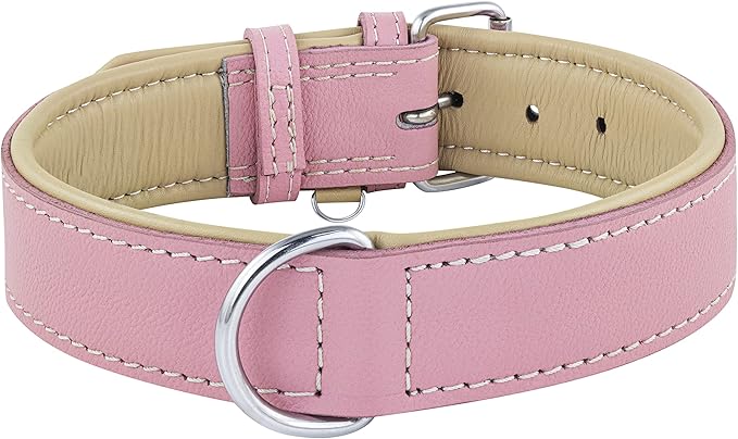 Riparo Adjustable Leather Dog Collar - Heavy Duty Wide Dog Collar for Small, Medium, Large and Extra Large Dogs with Dog Tag Holder (XXL: 2” Wide for 26”-29” Neck, Pink)