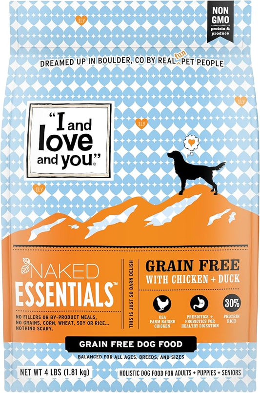 I and love and you Naked Essentials Dry Dog Food - Chicken + Duck - High Protein, Real Meat, No Fillers, Prebiotics + Probiotics, 4lb Bag