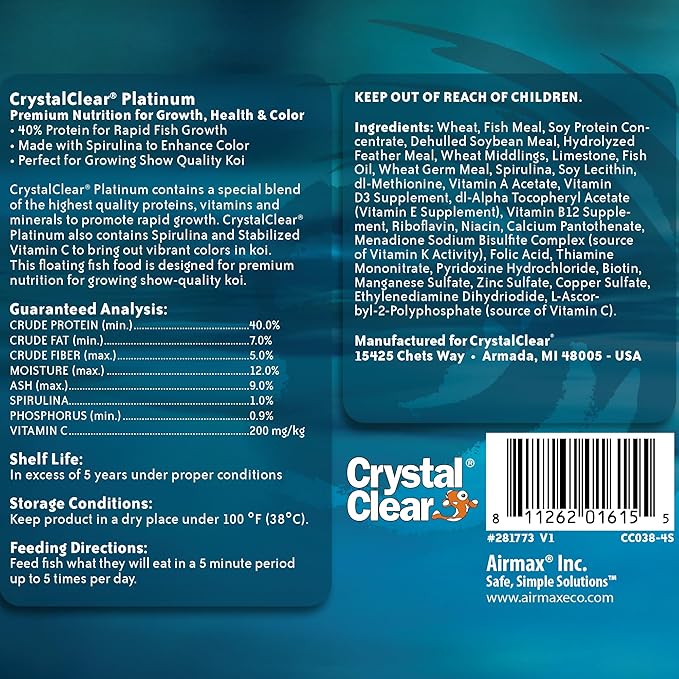 CrystalClear Platinum Fish Food, Premium Floating Pellets for Koi & Goldfish – Boost Growth, Color, and Wellness in Backyard Ponds & Water Gardens, 3mm Pellets, 17.6 Pounds