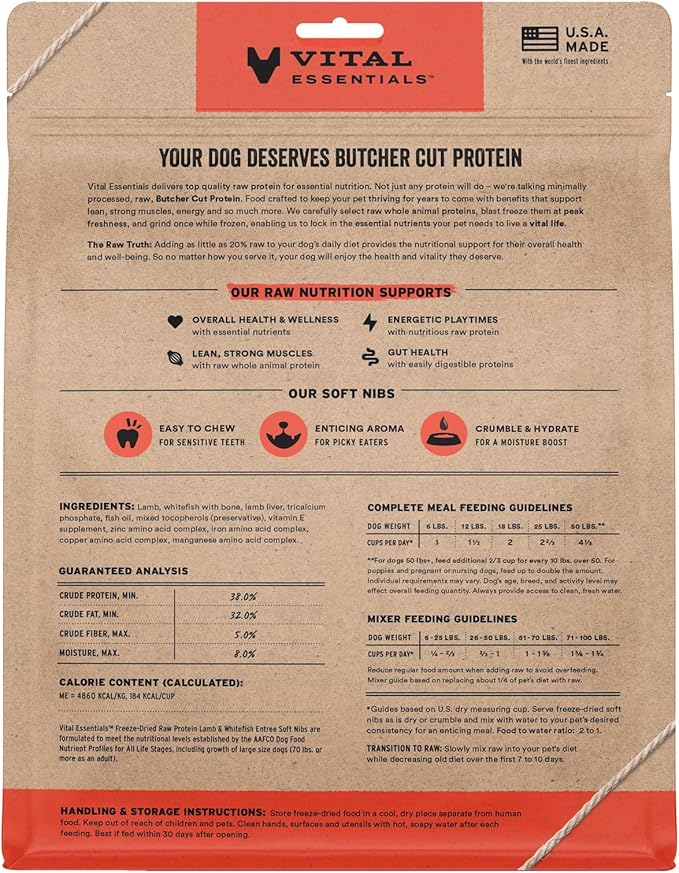 Vital Essentials Freeze-Dried Raw Lamb & Whitefish Meal or Mixer Dog Food Soft Nibs | 99% Lamb, Whitefish, Organs & Bone| 14 oz