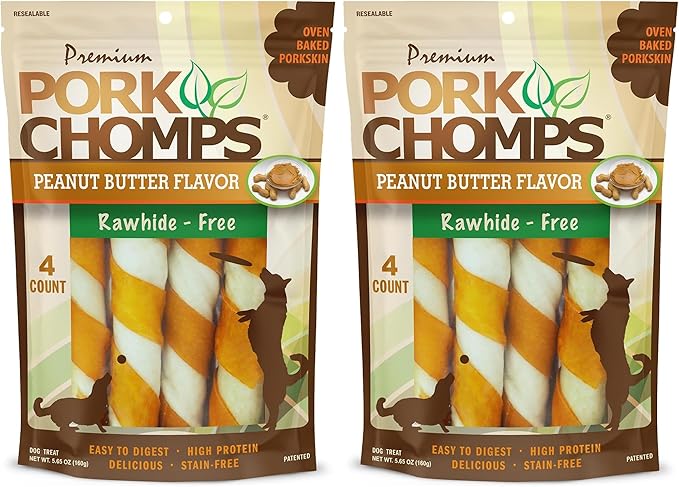 Pork Chomps Baked Pork Skin Dog Chew, 6-inch Twists, Peanut Butter Wrap, 4 Count (Pack of 2)