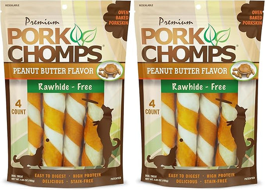 Pork Chomps Baked Pork Skin Dog Chew, 6-inch Twists, Peanut Butter Wrap, 4 Count (Pack of 2)