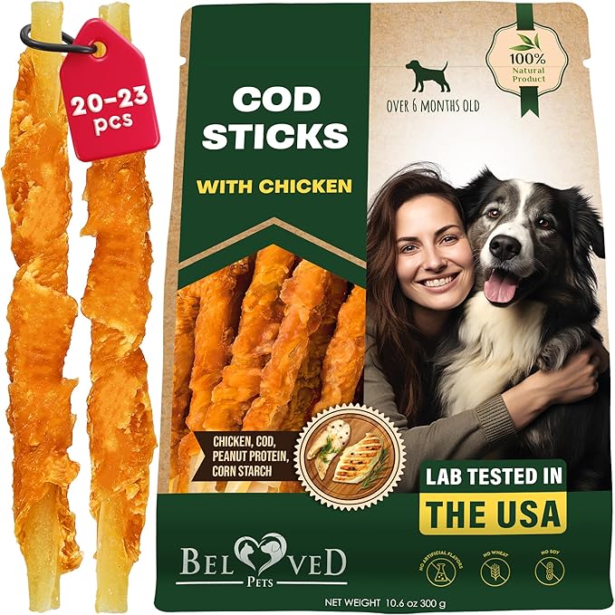Beloved Pets Dog Treats Rawhide - Free Cod Sticks Chicken Wrapped 10.6 oz - All Natural & Grain Free Long Lasting Chews for Large & Small Dogs - Dried Pet Snacks - Support Healthy Teeth & Skin Coat
