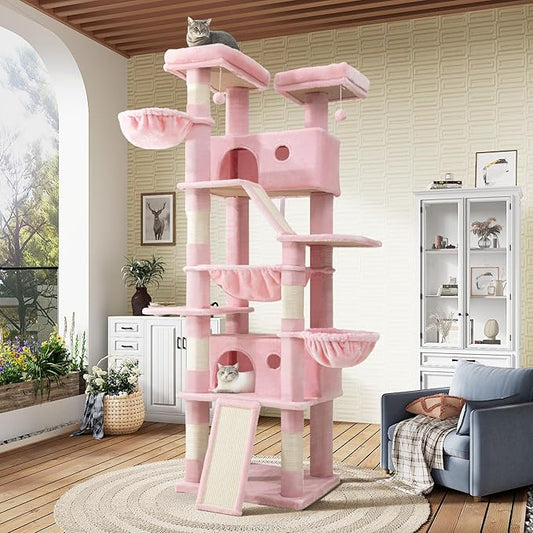 SHA CERLIN 81in Multi-Level Tall Cat Tree Tower for Indoor Kitties/Larger Cat Condo Furniture with Hammock/Cozy Pussycat Perches/Sisal Scratching Posts/Pet House/Wide Base/Pink