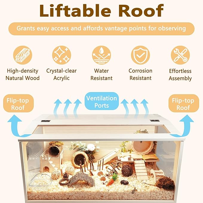 Prolee Hamster Cage Wooden Chew Proof, Extra Large Mice and Rat Habitat Openable Top with Acrylic Sheets Solid Built Small Animal Cage with Leg Stands, 32 Inch Long