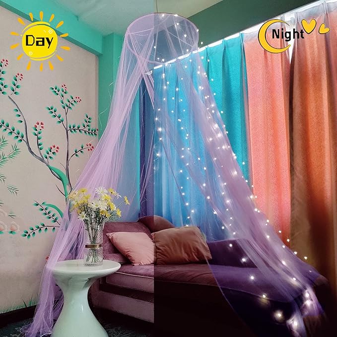 Eimilaly Bed Canopy Mosquito Net with 250pcs Warm White Curtain Lights, Bed Canopy for Girls Room Decor or Theme Party, Purple/Warm White Lights