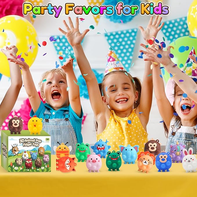 24pcs Party Favors for Kids - 3D Animal Pop Fidget Toys Bulk for Goodie Bag Stuffers, Treasure Box Toys for Classroom, Pinata Stuffers Carnival Prizes, Bath Suction Toys for Toddlers