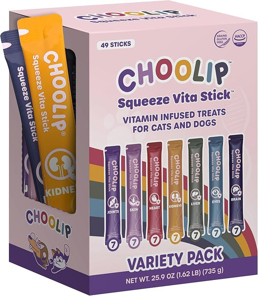 Squeeze Vita Stick Lickable Cat and Dog Treats – 49-Count Variety Pack with Multivitamins, Soft Squeezable Paste for All Life Stages, Supporting Overall Health