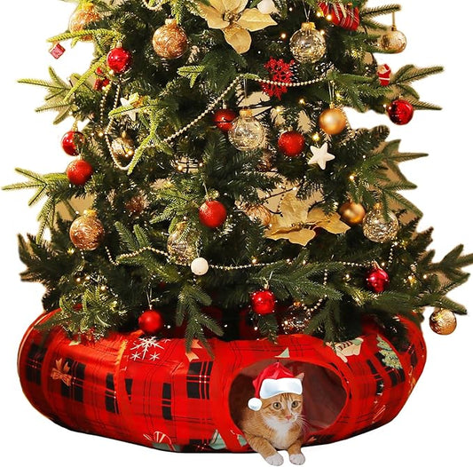PAWZ Road Cat Tunnel Christmas Cat Donut Tunnel Collapsible Cat Tunnel Tube Dia-38 inches with Soft Mat for Indoor Cats, Rabbits and Puppies, Red