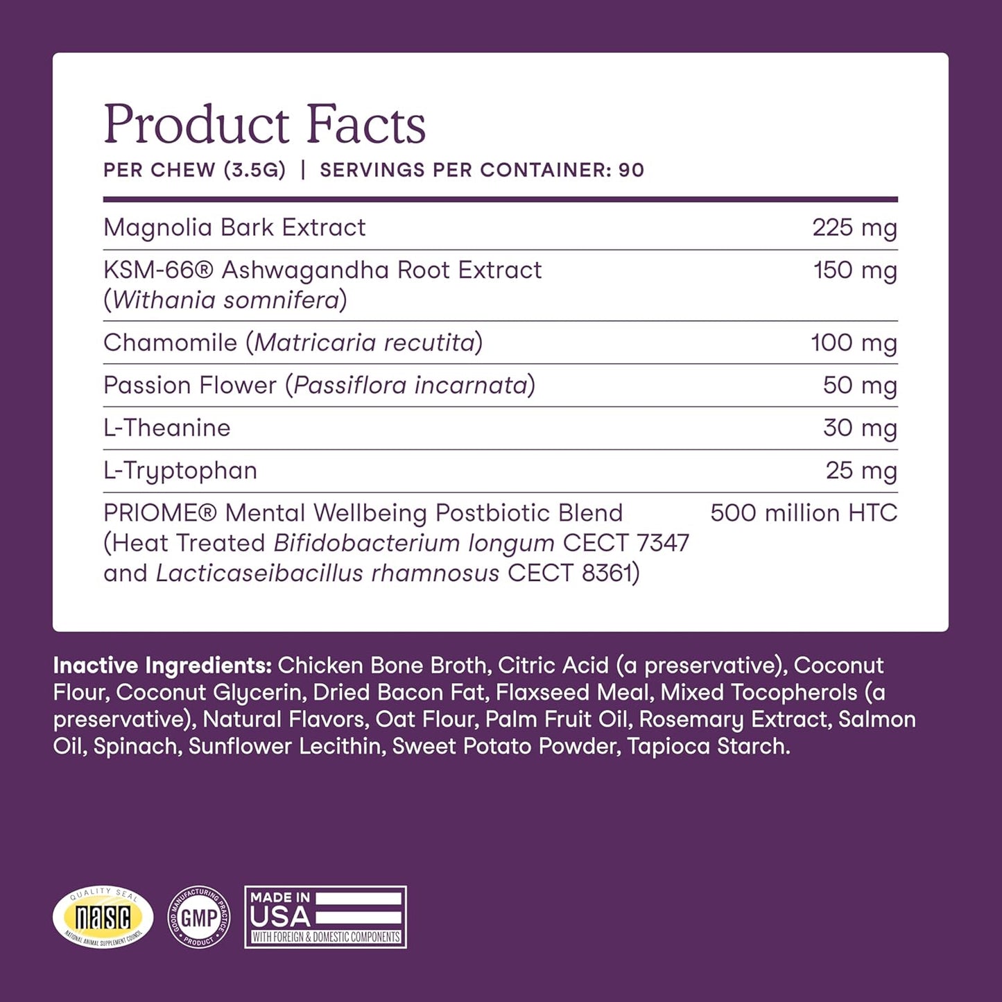 Fera Pets Dog Calming Chews - Anxiety Relief Support - Promotes Relaxation - Ashwagandha & Priome® Mental Wellbeing Postbiotic Blend - 30 Soft Chews