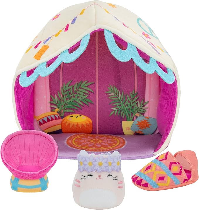 Squishville by Original Squishmallows Deluxe Glamping Playscene - Includes 2-Inch Paulita The Pink Tabby Cat, Bucket Chair, Sleeping Bag & Glamping Playscene - Toys for Kids