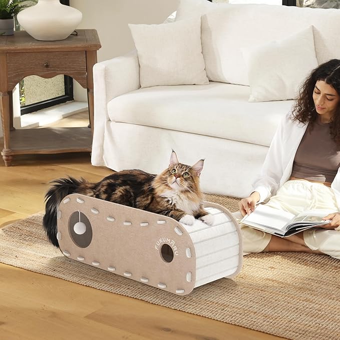 FUKUMARU Cat Beds for Indoor Pets, 31.5 Inches Extra-Large Cat Cave for Multi-Pet, Cozy House with Fluffy Ball Hanging, Scratch Resistant Felt Kitten Hideaway Bed, Feline Tunnel, Beige