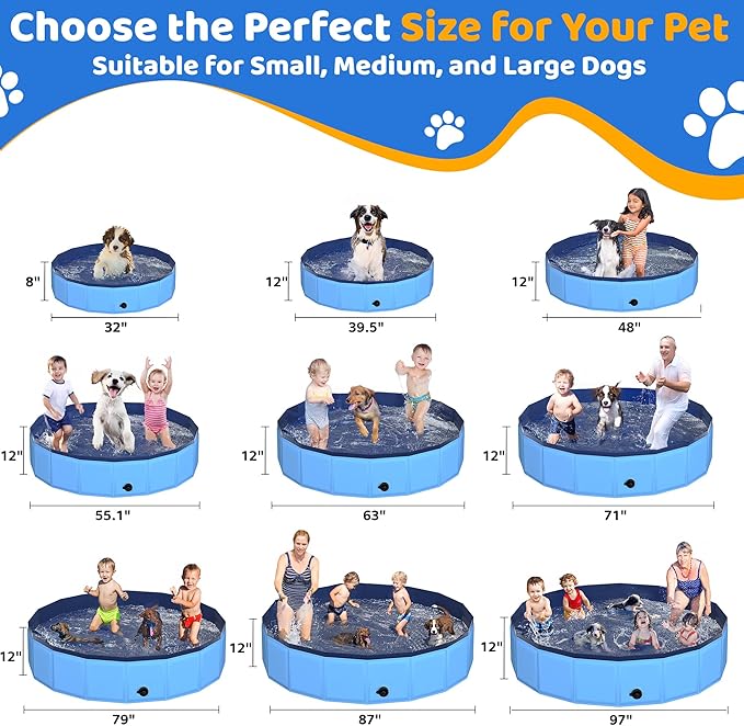 55.1" x 12" Foldable Dog Pool - Collapsible Hard Plastic Kiddie Pool for Dogs & Kids, Non-Slip Pet Bath Tub for Outdoor Backyard Use, Lightweight & Portable (Blue)
